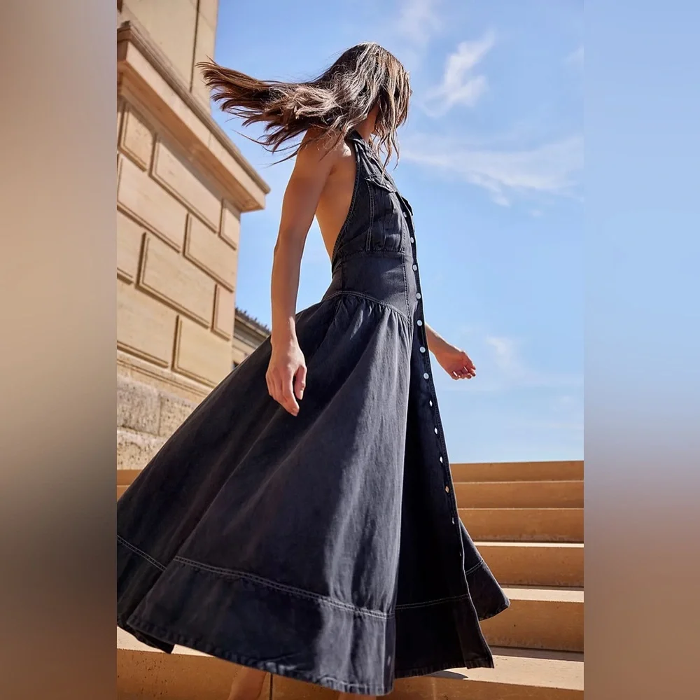 Free People Black Denim Button Down Halter Neck Backless Soundwave Maxi Dress